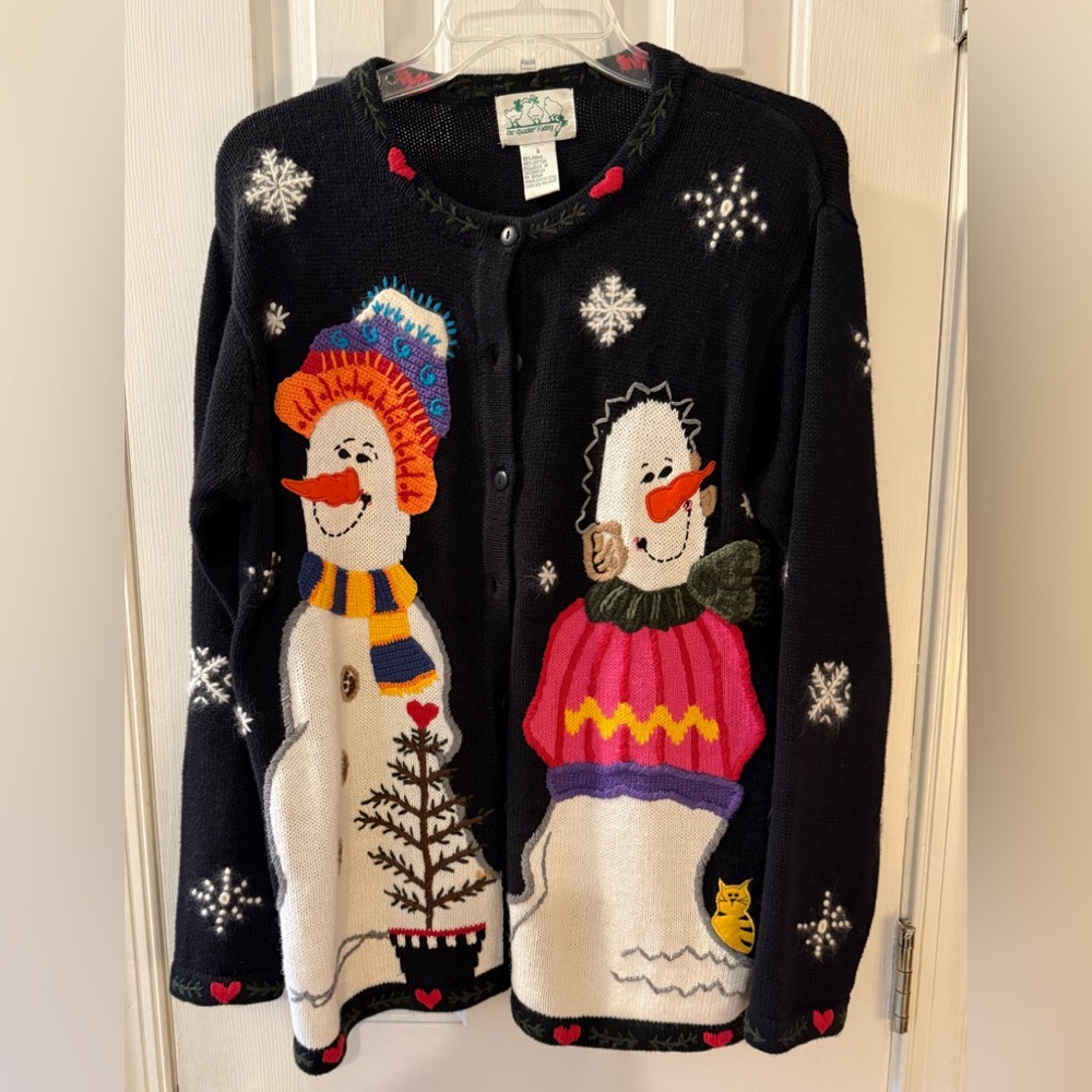 Quacker Factory Black Snowman Cardigan